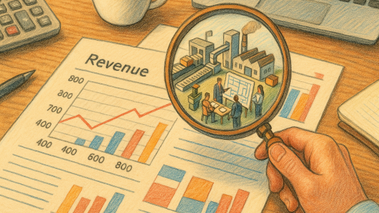 An executive views a financial report with a magnifying glass, seeing the people, processes, and products that make up the revenue