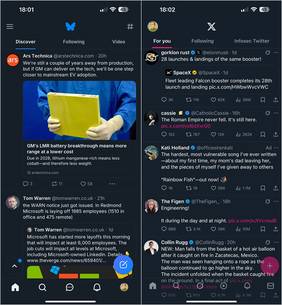 A side-by-side comparison of screenshots from the main Bluesky and X post feeds on iOS
