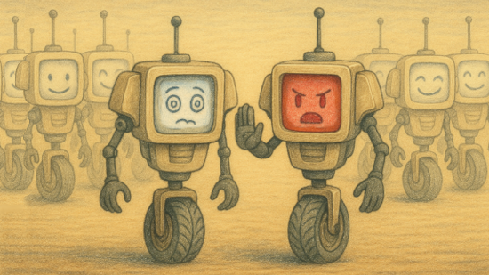 Illustration of robots representing AI agents, with one agent rejecting the other's output