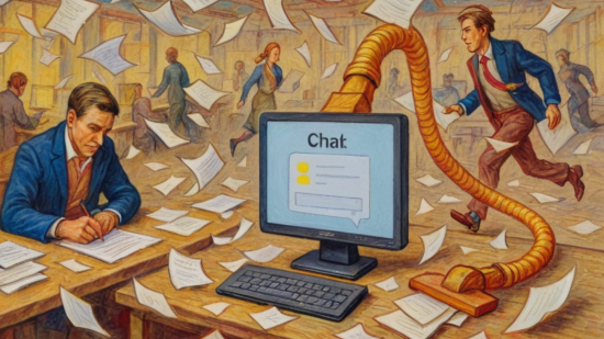 Illustration of journalists rushing around a newsroom, while an AI chatbot hoovers up their work