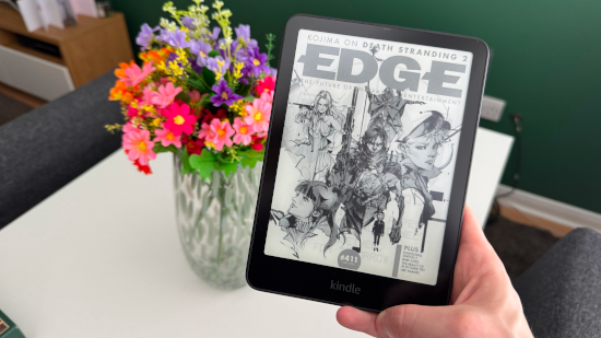 A Kindle Paperwhite Signature Edition displaying the front cover of an issue of Edge magazine