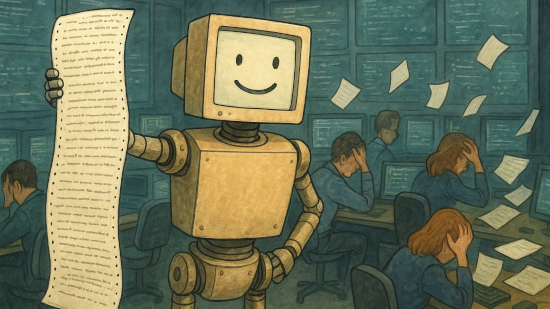 An AI agent proudly displays its latest detection summary in front of a SOC full of stressed-out analysts