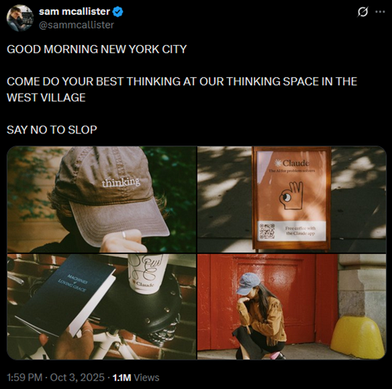 Sam McAllister's X post about Anthropic's Claude pop-up in New York City