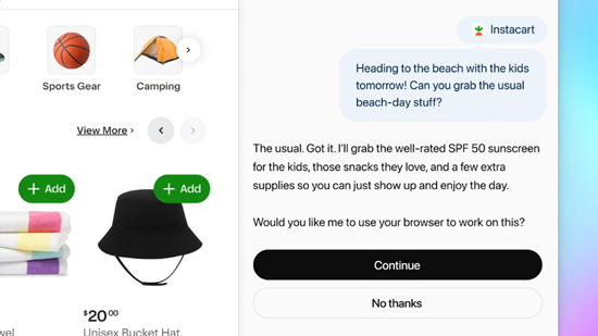 The ChatGPT Atlas AI-enabled web browser helping a user with shopping in agent mode