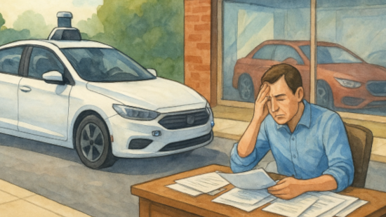 A self-driving car juxtaposed with a buyer drowning in admin and paperwork at a car dealership