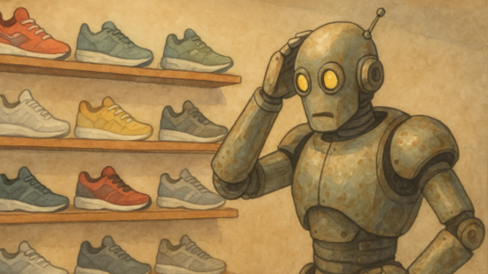 A robot representing an AI agent looks confused while shopping for trainers