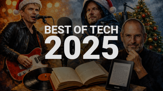 A collage featuring Steve Jobs, Sam Porter Bridges, Alex Kapranos, and a Kindle