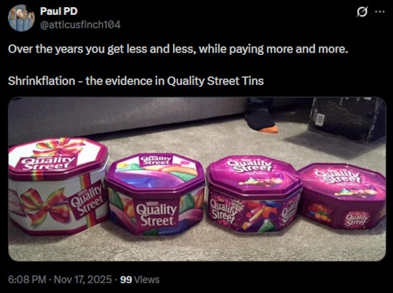 X post from @atticusfinch104 complaining about shrinkflation in Quality Street tins