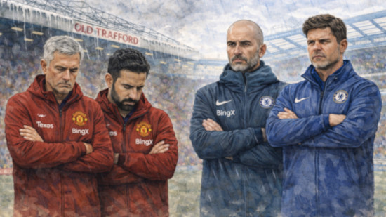 Illustration of former Manchester United and Chelsea managers Jose Mourinho, Ruben Amorim, Enzo Maresca, and Mauricio Pochettino