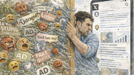 Illustration of a man struggling to hold back a tidal wave of slop from his X feed