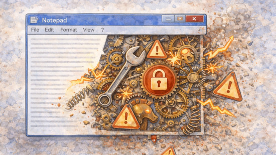 Illustration depicting things going wrong with Notepad under the hood