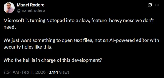 X post by @manelrodero bemoaning Microsoft's addition of unnecessary features to Notepad