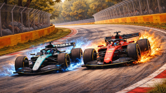 Illustration of 2026 Formula 1 cars fighting for position with the assistance of battery boost