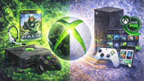 Illustration contrasting the colour of the original Xbox generation against the blandness of the Xbox Series X