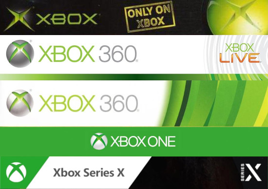 Collage showing the Xbox banner on game boxes, from the original Xbox to the Xbox Series X