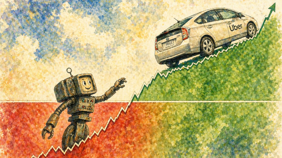 An illustration featuring a robot and a Toyota Prius on a financial graph, representing AI companies' aspirations to replicate Uber's profitability