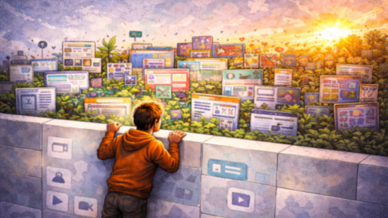 A boy peeks over the wall of the corporate web's walled garden to glimpse the colourful world of the small web