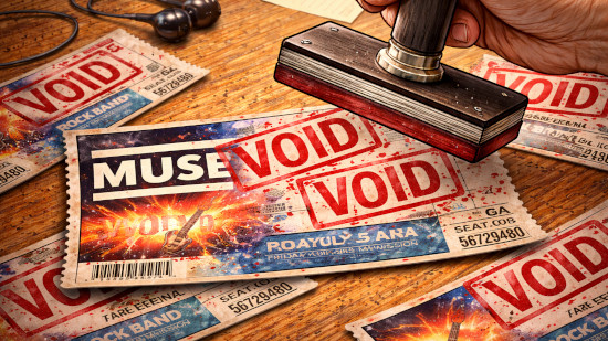 Illustration of a gig ticket being stamped VOID