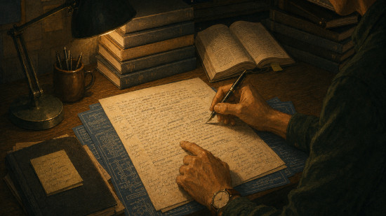 Illustration of a desk cluttered with paperwork and books, representing deep work, care, and craft