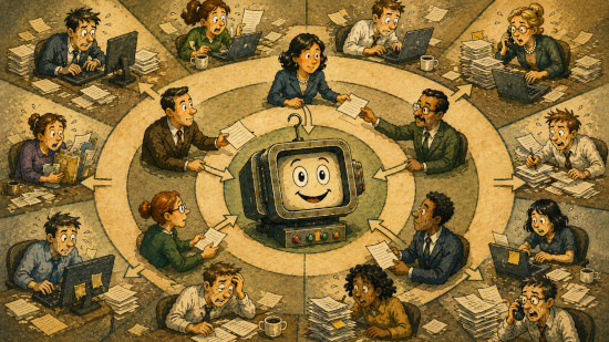 Illustrated organisational chart with humans working around an AI