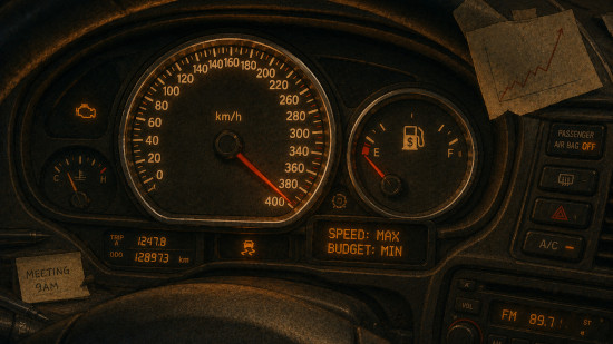 Illustration of a car dashboard with a maxed-out speedometer and an empty petrol guage