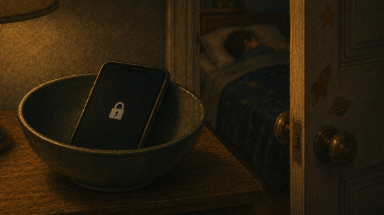 Illustration of a child sleeping in their bed, with a locked smartphone in a bowl outside the bedroom door