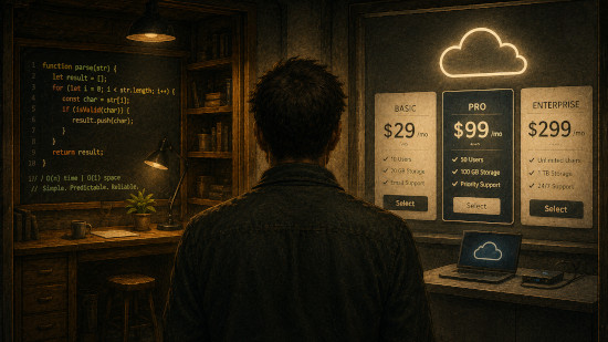 An illustration depicting the choice between code optimisation and subscription-based cloud computing