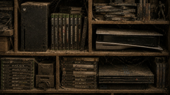 Illustration of games consoles and games gathering dust on a shelf