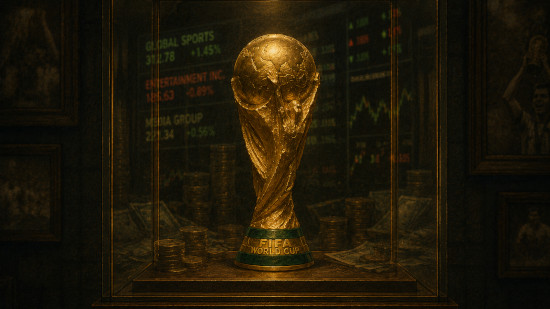 Illustration of the FIFA World Cup in a display case, with stock tickers and money reflected in the glass