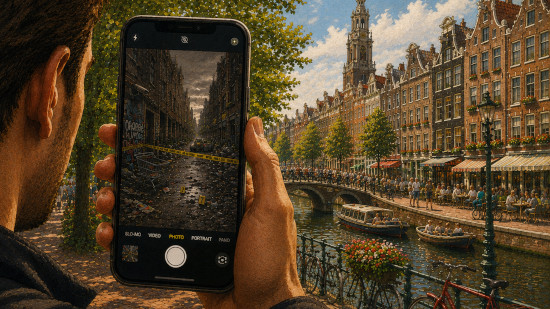 Illustration of a man taking a photo of a vibrant city scene. The viewfinder on his phone shows a grim scene with crime and dilapidated buildings.