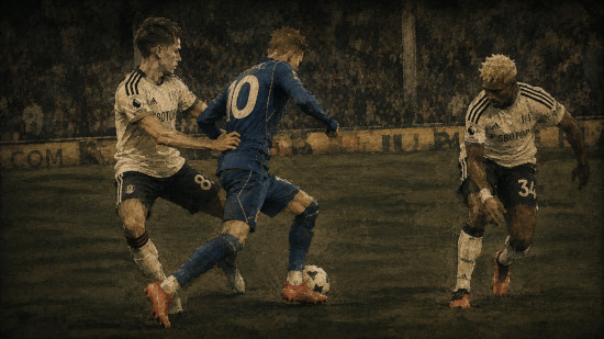 Illustration of Cole Palmer dribbling past Fulham defenders