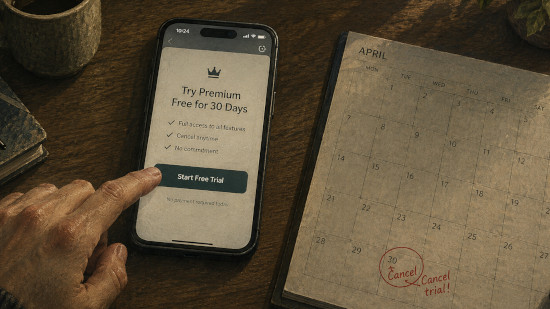 Illustration of a user's finger hovering over a free trial signup button, next to a calendar marked with their cancellation date