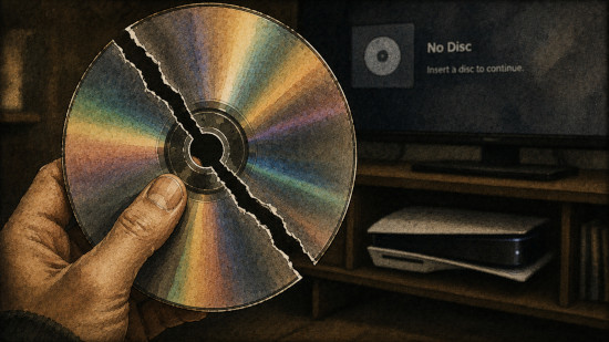 Illustration of a cracked game disc held in front of a PlayStation 5 console