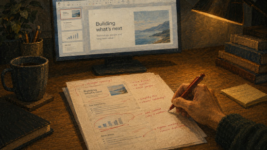 Illustration of a human reviewing and refining slides generated by AI
