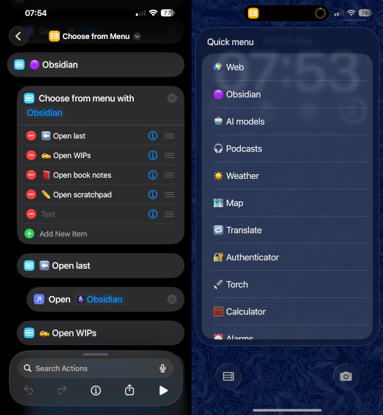 iOS screenshots showing the Shortcuts interface and resulting custom menus