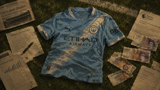 Illustration of a Manchester City shirt lying on a football pitch, surrounded by banknotes and financial documents